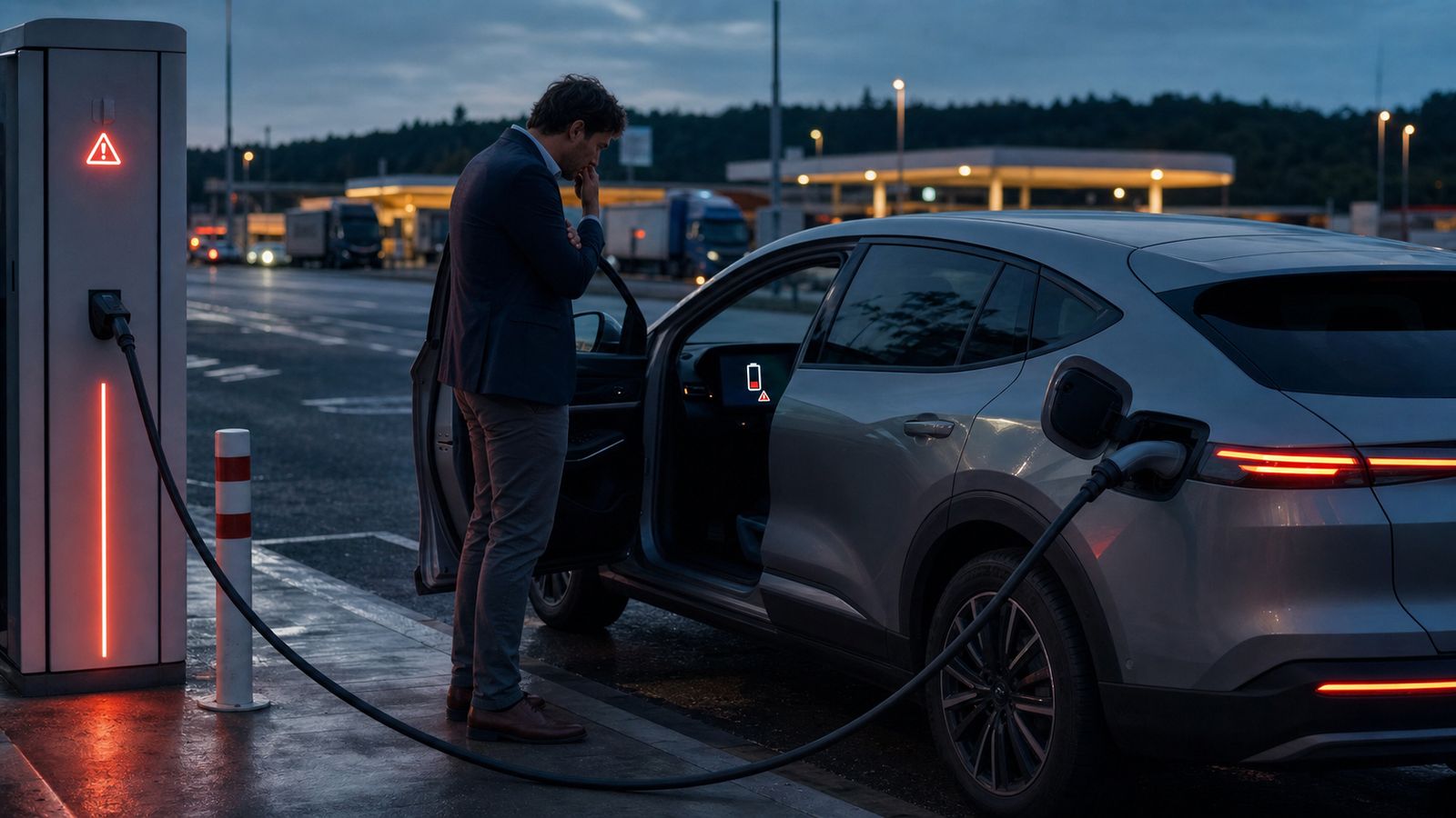 A driver stands beside an electric car connected to a highway fast charger at dusk, with a warning symbol glowing on the charger