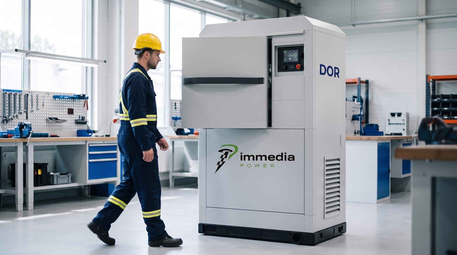 Engineer walking toward a DOR unit as its service door opens in a bright workshop
