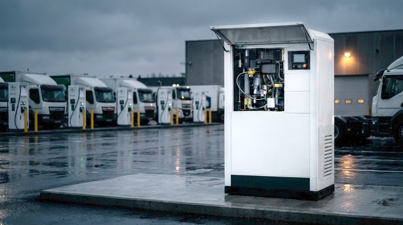 DOR units powering an EV truck depot at dusk