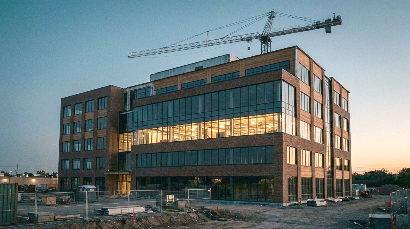 Commercial building under construction at dusk