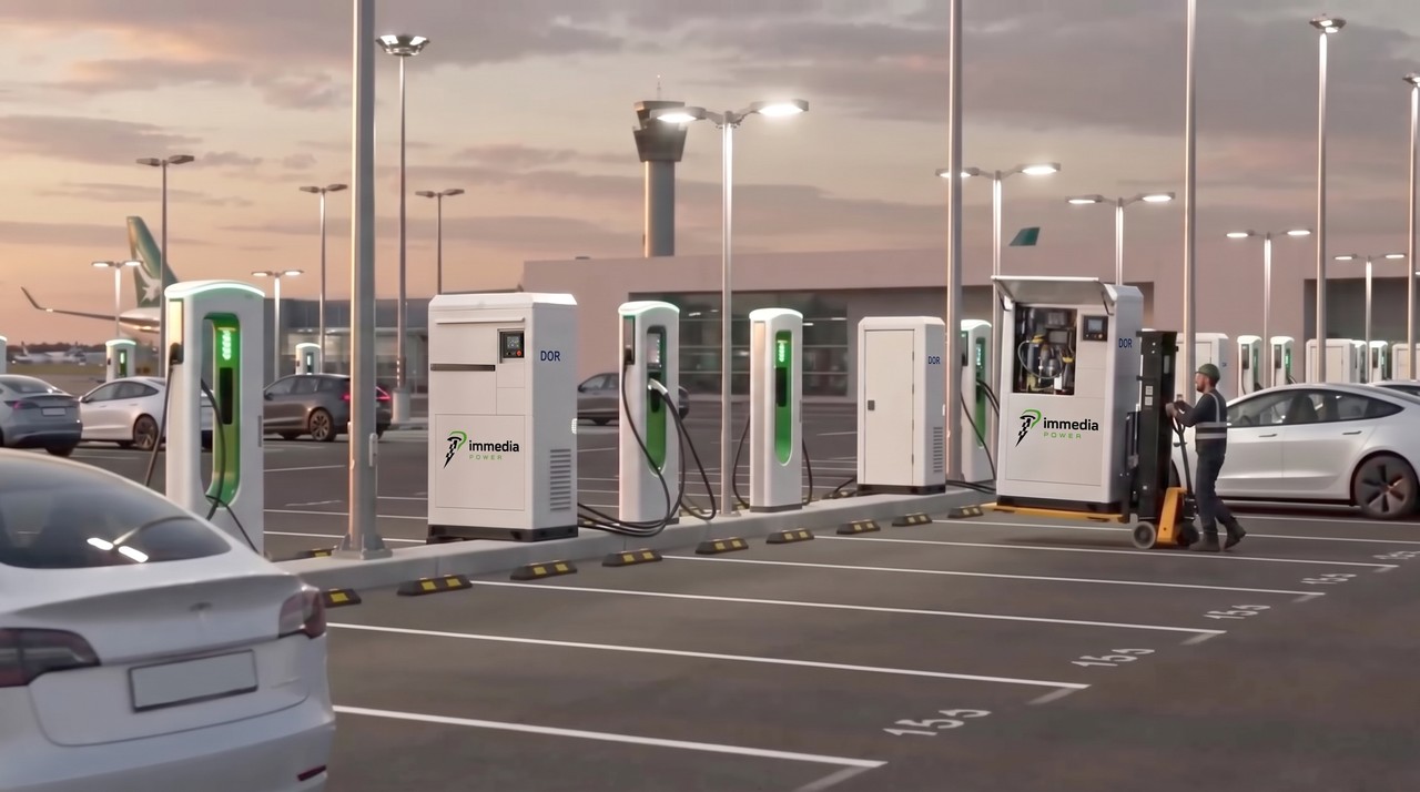 Airport parking lot EV charging row at dusk