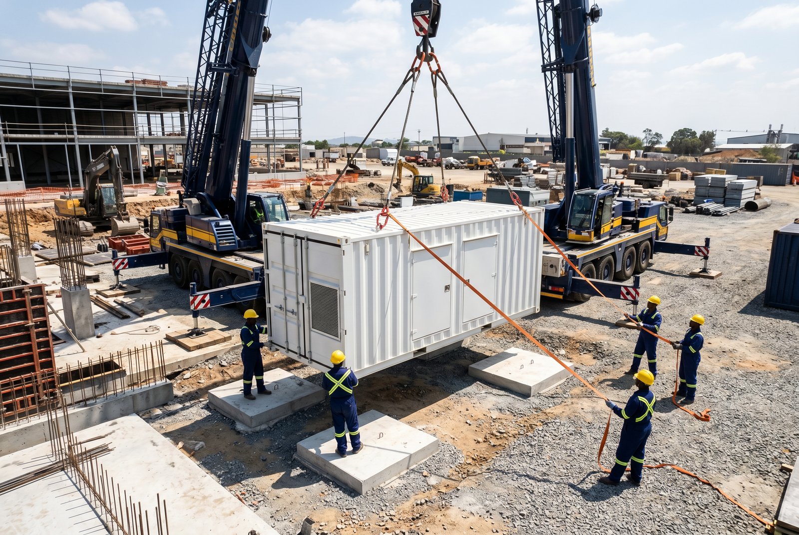 Container-scale backup-only power unit lowered onto a site by crane