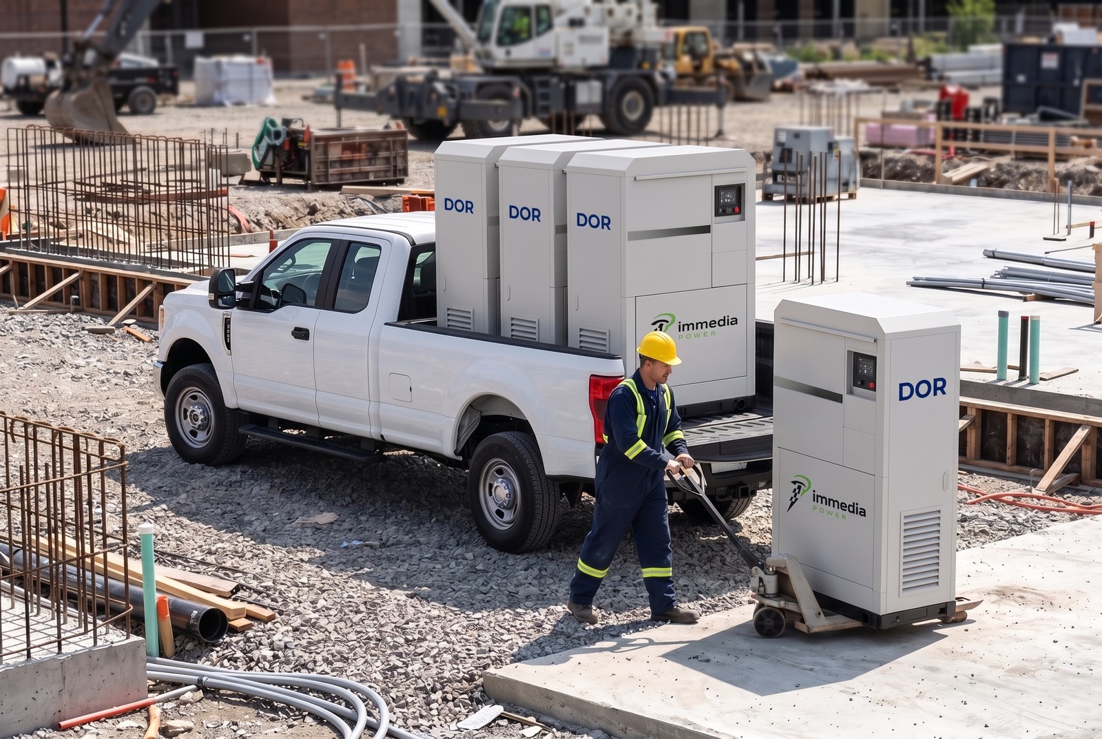 Illustrative image of the planned DOR platform being moved with a pallet jack beside a pickup